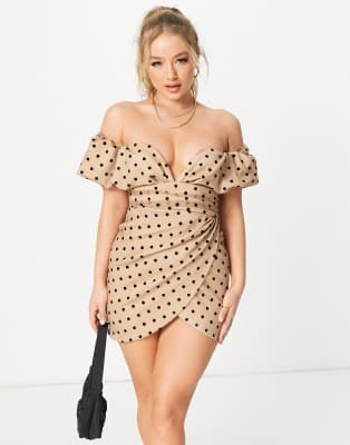 Vestito corto in rete beige a pois con scollo Bardot profondo-Multicolore - ASOS DESIGN  donna Multicolore - immagine1
