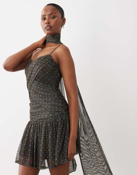 ASOS DESIGN - Vestito corto in rete color cioccolato a pois con dettaglio foulard drappeggiato - view 1