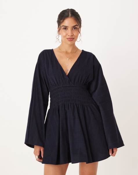 ASOS DESIGN - Vestito corto in tessuto a coste con scollo a V e vita arricciata blu inchiostro - view 1