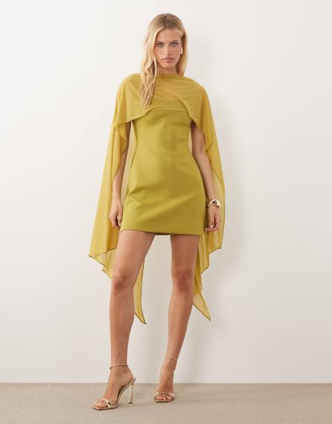 ASOS DESIGN - Vestito corto in tessuto scuba verde avocado con spalle a mantella trasparenti - view 1