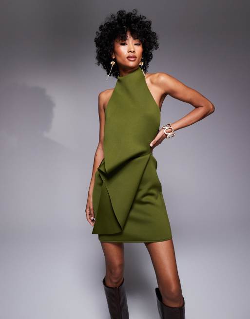 ASOS DESIGN - Vestito corto in tessuto scuba verde kaki allacciato al collo con risvolto
