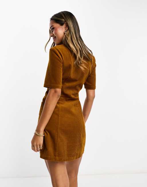 ASOS DESIGN - Vestito corto in velluto a coste color tabacco con bottoni, 4 di 4