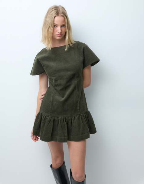 ASOS DESIGN vestito corto in velluto a coste con gonna arricciata color oliva - view 1