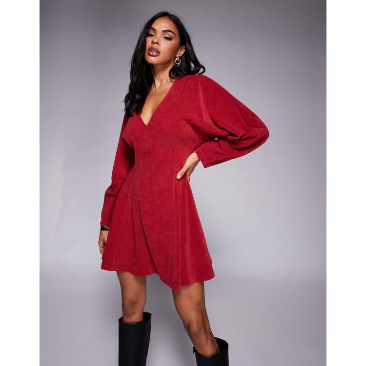 ASOS DESIGN Vestito corto in velluto a coste rosso con maniche