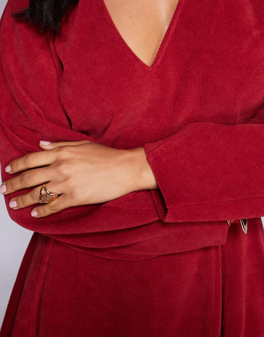 ASOS DESIGN - Vestito corto in velluto a coste rosso con maniche cocoon, 2 di 4