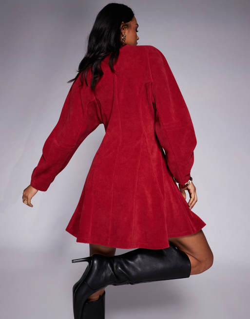 ASOS DESIGN - Vestito corto in velluto a coste rosso con maniche cocoon, 4 di 4