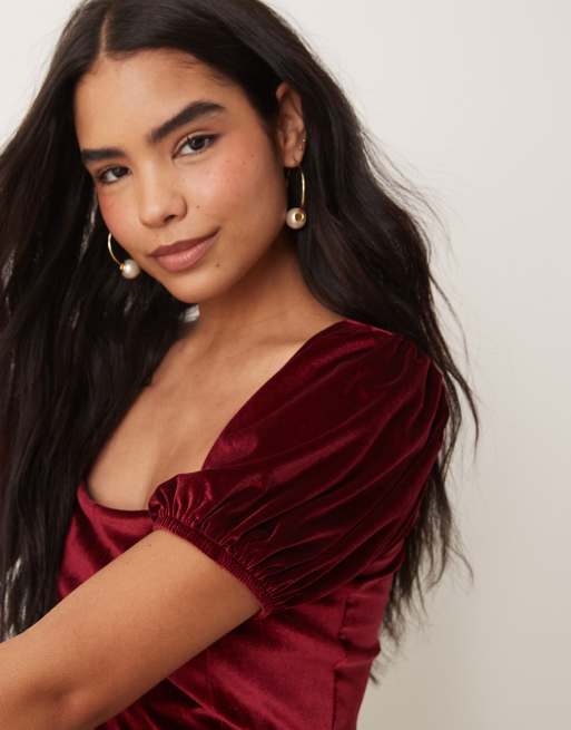 ASOS DESIGN - Vestito corto in velluto bordeaux con cuciture a vista e corsetto, 4 di 4
