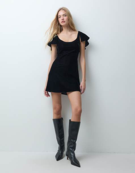 ASOS DESIGN vestito corto in velluto con scollo a barchetta nero - view 1