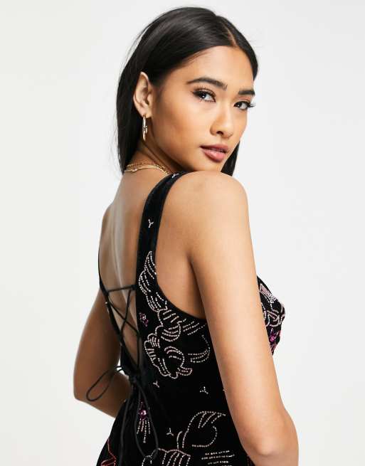 ASOS DESIGN - Vestito corto in velluto decorato con motivo astronomico, 2 di 4