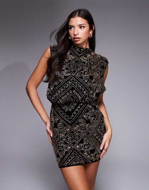 ASOS DESIGN - Vestito corto in velluto nero con decorazioni e scollo ad anello - view 1