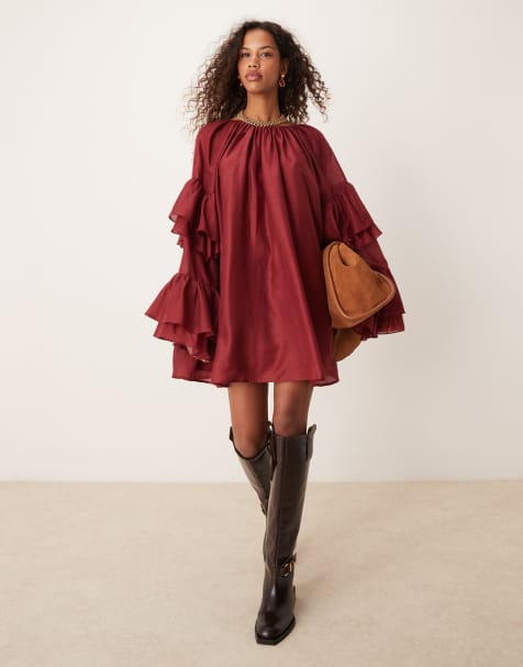 ASOS DESIGN - Vestito corto in voile bordeaux con volant sulle maniche - view 1