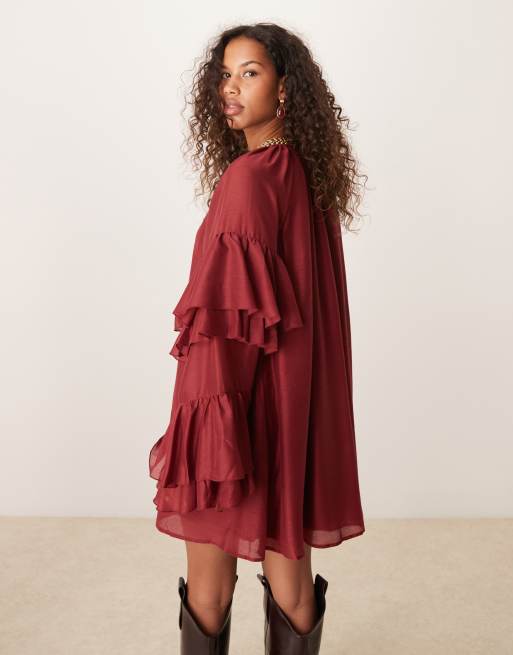 ASOS DESIGN - Vestito corto in voile bordeaux con volant sulle maniche, 3 di 4