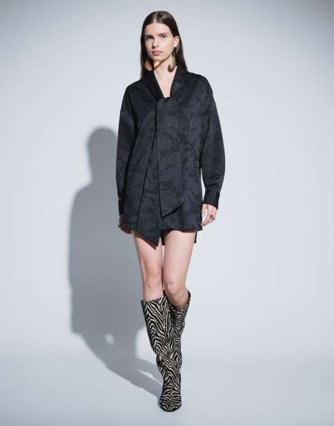 ASOS DESIGN vestito corto jacquard con allacciatura al collo nero - view 1