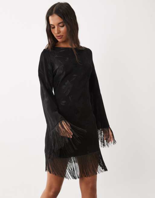 ASOS DESIGN vestito corto jacquard con scollo asimmetrico e frange nero, 2 di 4