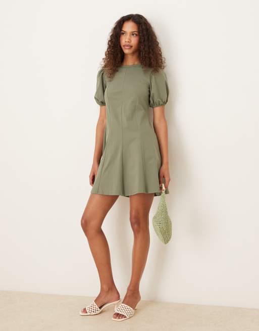 ASOS DESIGN - Vestito corto kaki con maniche a sbuffo con cuciture a vista, 4 di 4