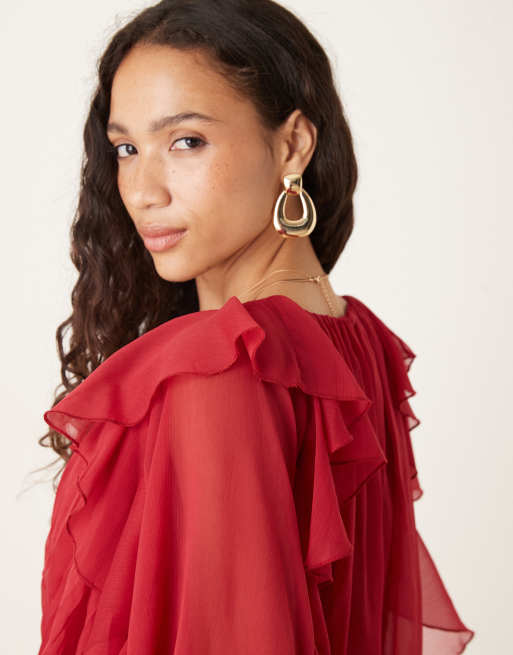ASOS DESIGN - Vestito corto largo color rosso ciliegia con godet in vita e maniche con volant, 4 di 4