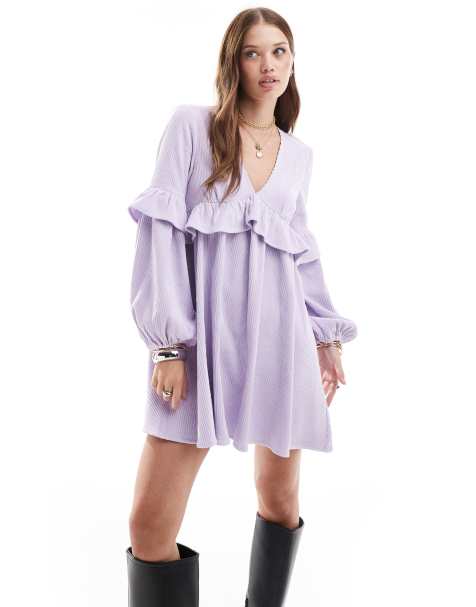 ASOS DESIGN - Vestito corto lilla a grembiule a coste con volant - view 1
