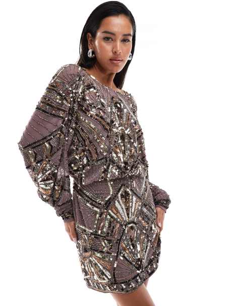 ASOS DESIGN - Vestito corto lilla polvere con maniche ad ali di pipistrello e decorazioni lineari - view 1
