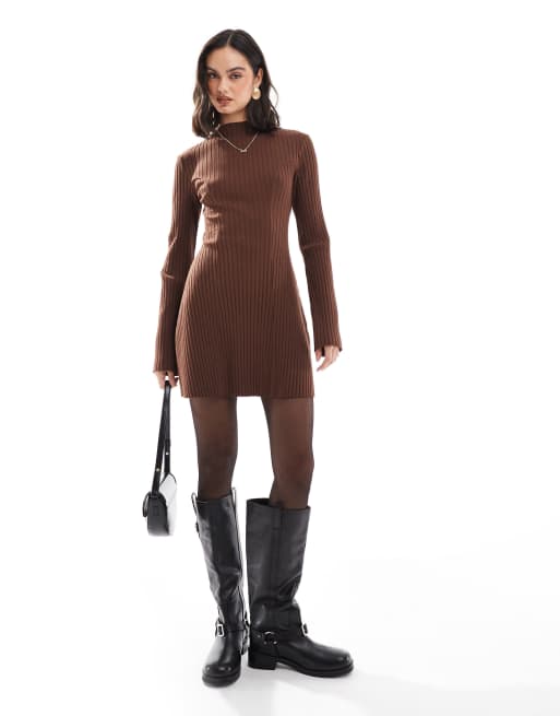 ASOS DESIGN - Vestito corto marrone a coste larghe stretto in vita a maniche lunghe, 3 di 4
