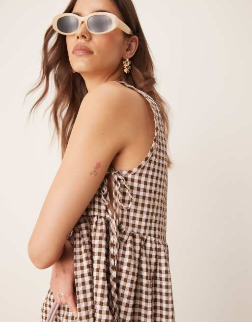 ASOS DESIGN - Vestito corto marrone a quadretti stile babydoll con laccetti laterali, 4 di 4