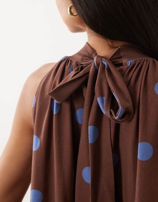 ASOS DESIGN - Vestito corto marrone e blu a pois con fiocco, 3 di 4