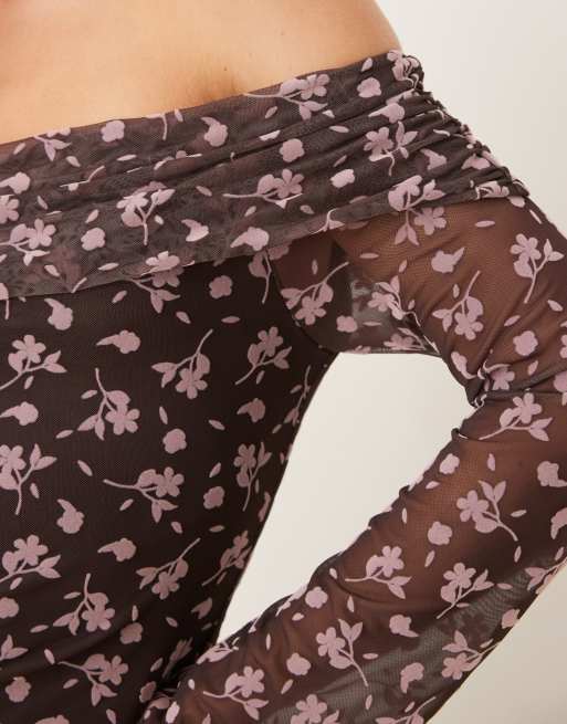 ASOS DESIGN - Vestito corto marrone floccato con scollo alla Bardot, 3 di 4