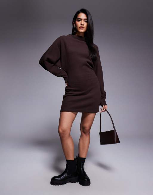 ASOS DESIGN - Vestito corto marrone ultra morbido con arricciatura laterale e collo a imbuto, 2 di 4