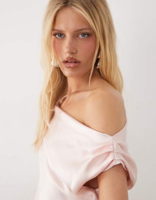 ASOS DESIGN - Vestito corto monospalla drappeggiato in raso rosa, 3 di 4