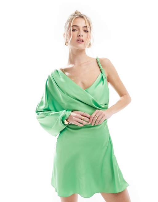 ASOS DESIGN - Vestito corto monospalla drappeggiato incrociato verde acceso