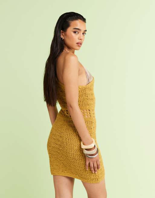 ASOS DESIGN - Vestito corto monospalla verde oliva all'uncinetto con cuciture, 4 di 4
