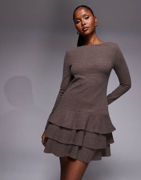 ASOS DESIGN - Vestito corto morbidissimo a maniche lunghe color caffè con gonna a ruota a balze - view 1