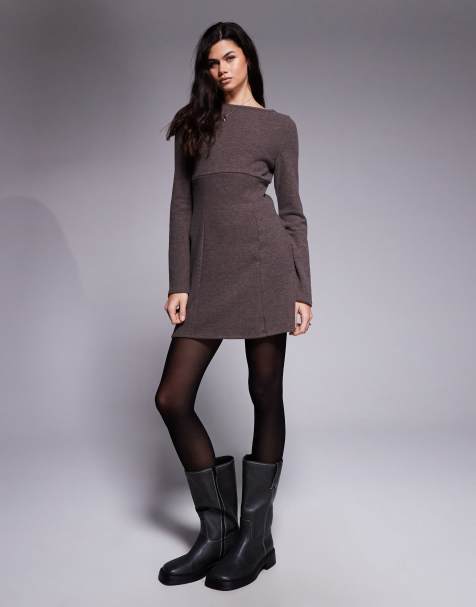 ASOS DESIGN - Vestito corto morbidissimo color cioccolato con maniche a pipistrello e cuciture a vista - view 1