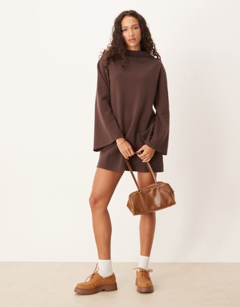 ASOS DESIGN - Vestito corto morbidissimo color cioccolato con maniche ampie - view 1