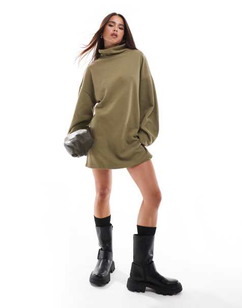 ASOS DESIGN - Vestito corto morbidissimo kaki con scollo a imbuto e maniche cocoon - view 1