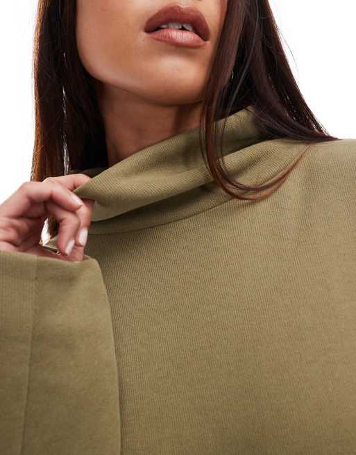 ASOS DESIGN - Vestito corto morbidissimo kaki con scollo a imbuto e maniche cocoon, 3 di 4