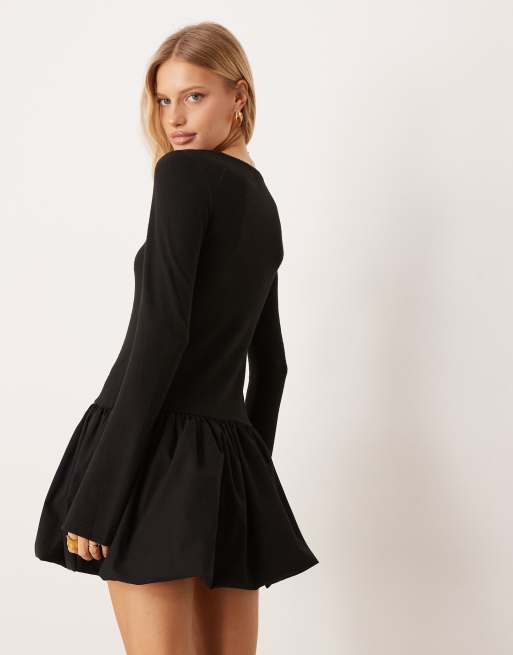 ASOS DESIGN - Vestito corto morbidissimo nero a maniche lunghe con fondo a palloncino, 3 di 4