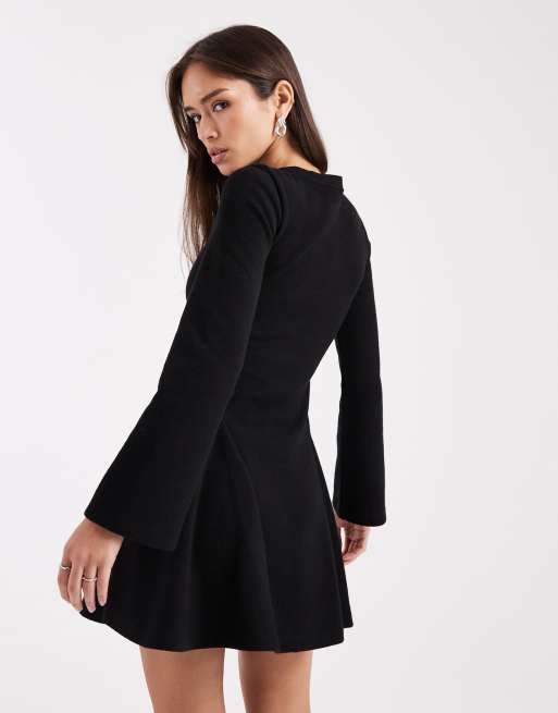 ASOS DESIGN - Vestito corto morbidissimo nero a maniche lunghe con godet, 2 di 4