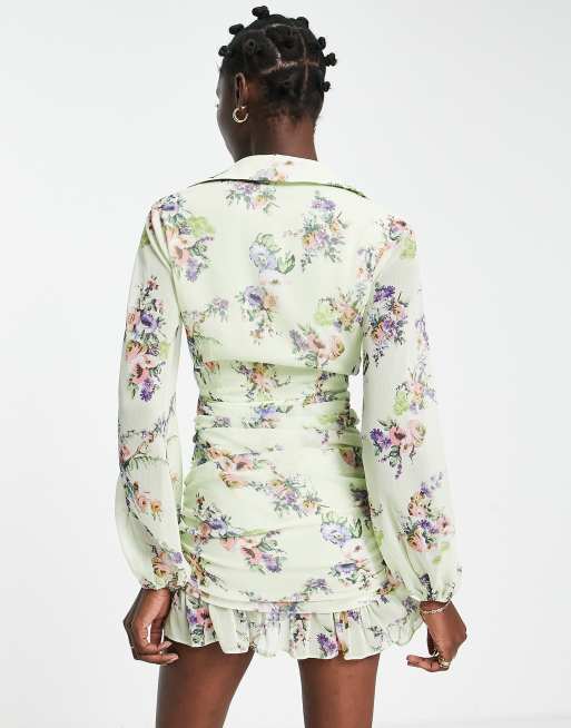ASOS DESIGN Vestito corto morbido a portafoglio con maniche a palloncino verde pallido a fiori