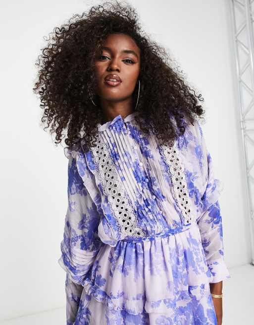 ASOS DESIGN Vestito corto morbido blu a fiori con impunture sul