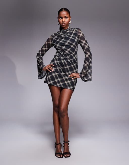 ASOS DESIGN - Vestito corto multicolore accollato con maniche svasate e stampa