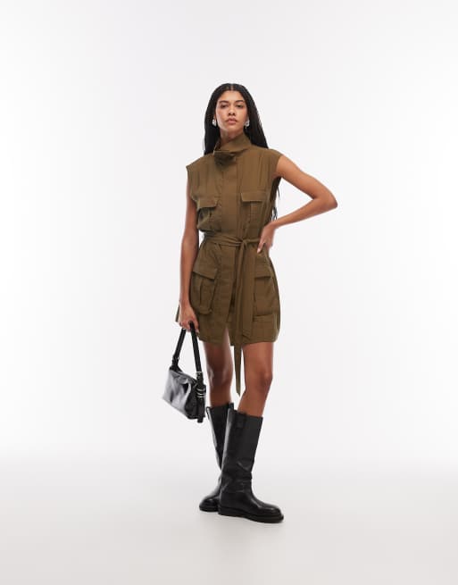ASOS DESIGN - Vestito corto multitasche allacciato in vita verde oliva intenso, 2 di 4