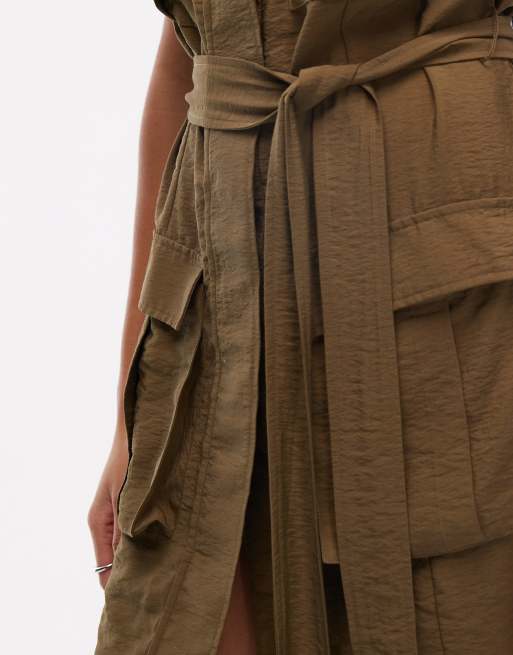 ASOS DESIGN - Vestito corto multitasche allacciato in vita verde oliva intenso, 3 di 4