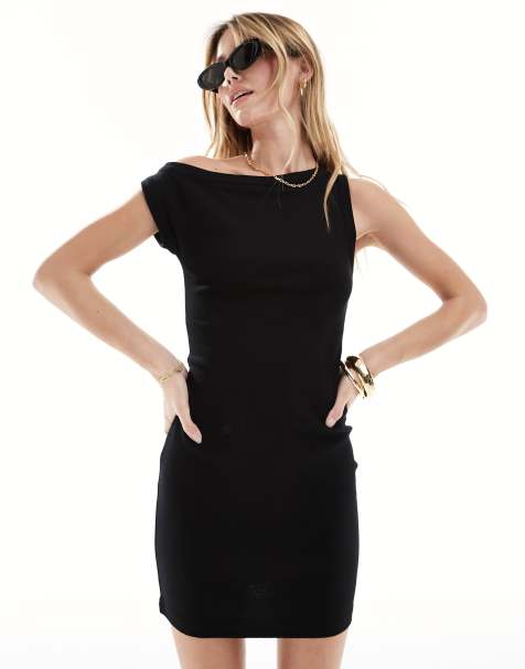ASOS DESIGN - Vestito corto nero a coste con spalla scivolata - view 1