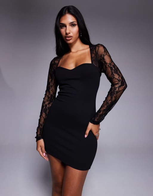 ASOS DESIGN - Vestito corto nero a maniche lunghe con schiena scoperta e dettagli in pizzo, 4 di 4