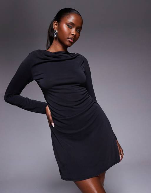 DESIGN - Vestito corto nero a maniche lunghe con scollo ad anello e arricciatura in modal