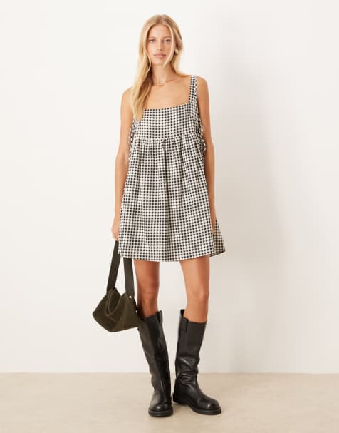 ASOS DESIGN - Vestito corto nero a quadretti stile babydoll con laccetti laterali - view 1