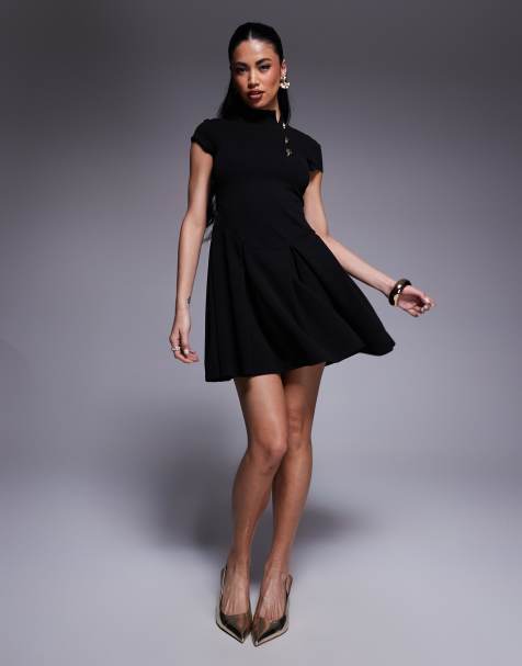 ASOS DESIGN - Vestito corto nero accollato con maniche ad aletta e bottoni - view 1