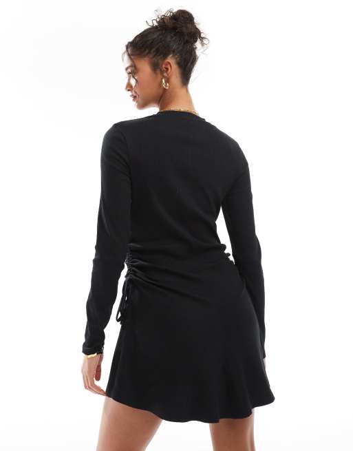 ASOS DESIGN - Vestito corto nero arricciato a coste con laccetti laterali, 2 di 4