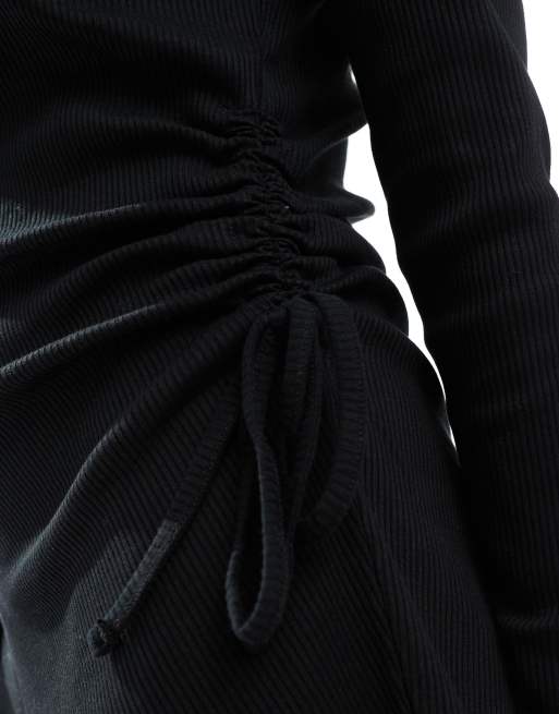 ASOS DESIGN - Vestito corto nero arricciato a coste con laccetti laterali, 4 di 4