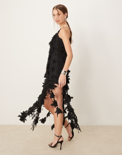 ASOS DESIGN - Vestito corto nero asimmetrico con fiori 3D ricamati - view 1